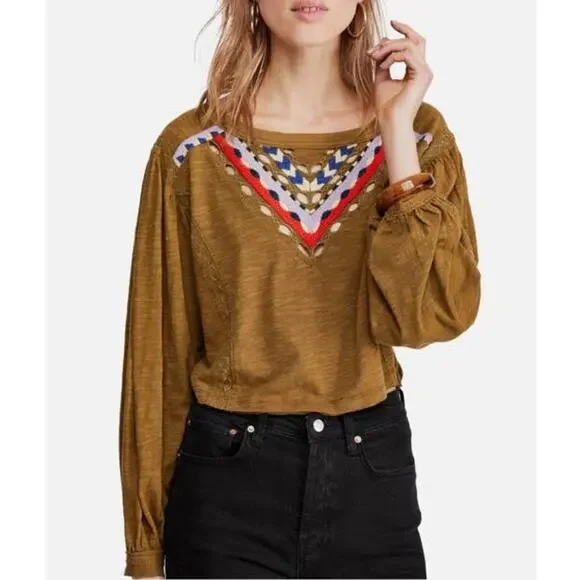Free People Hand Me Down Moss Embroidered Collar Top M/L - Picture 11 of 13